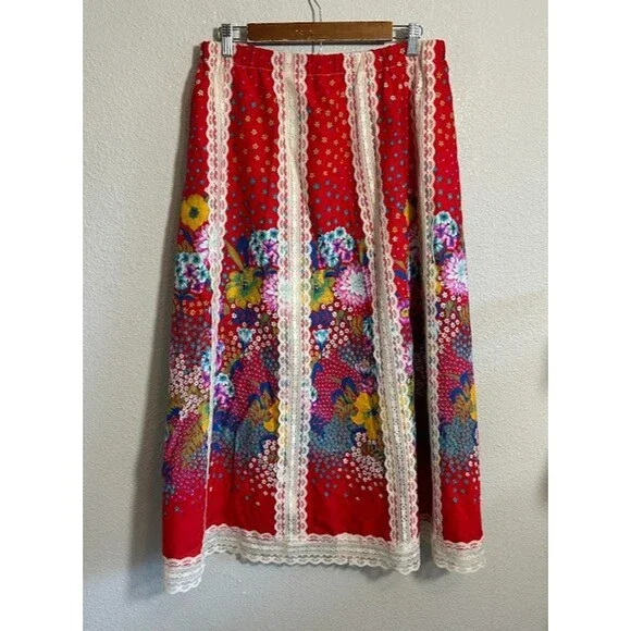 VTG 70s Tumbleweeds Maxi Skirt M/L Lace Red Floral Bohemian Cottagecore - Picture 3 of 9